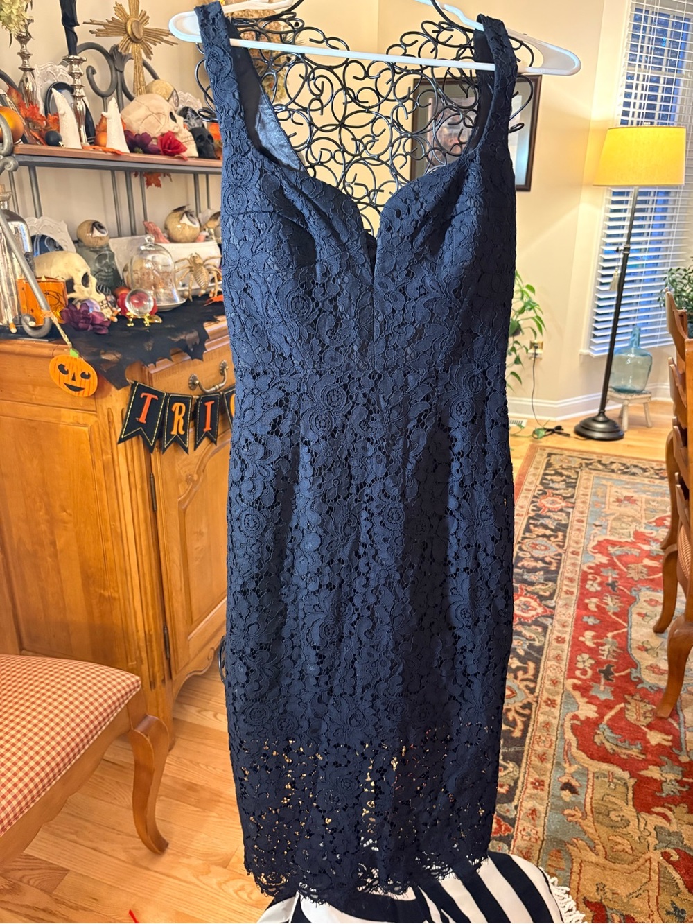 "Bardot Black Lace Notch Sweetheart Midi Sheath Dress"